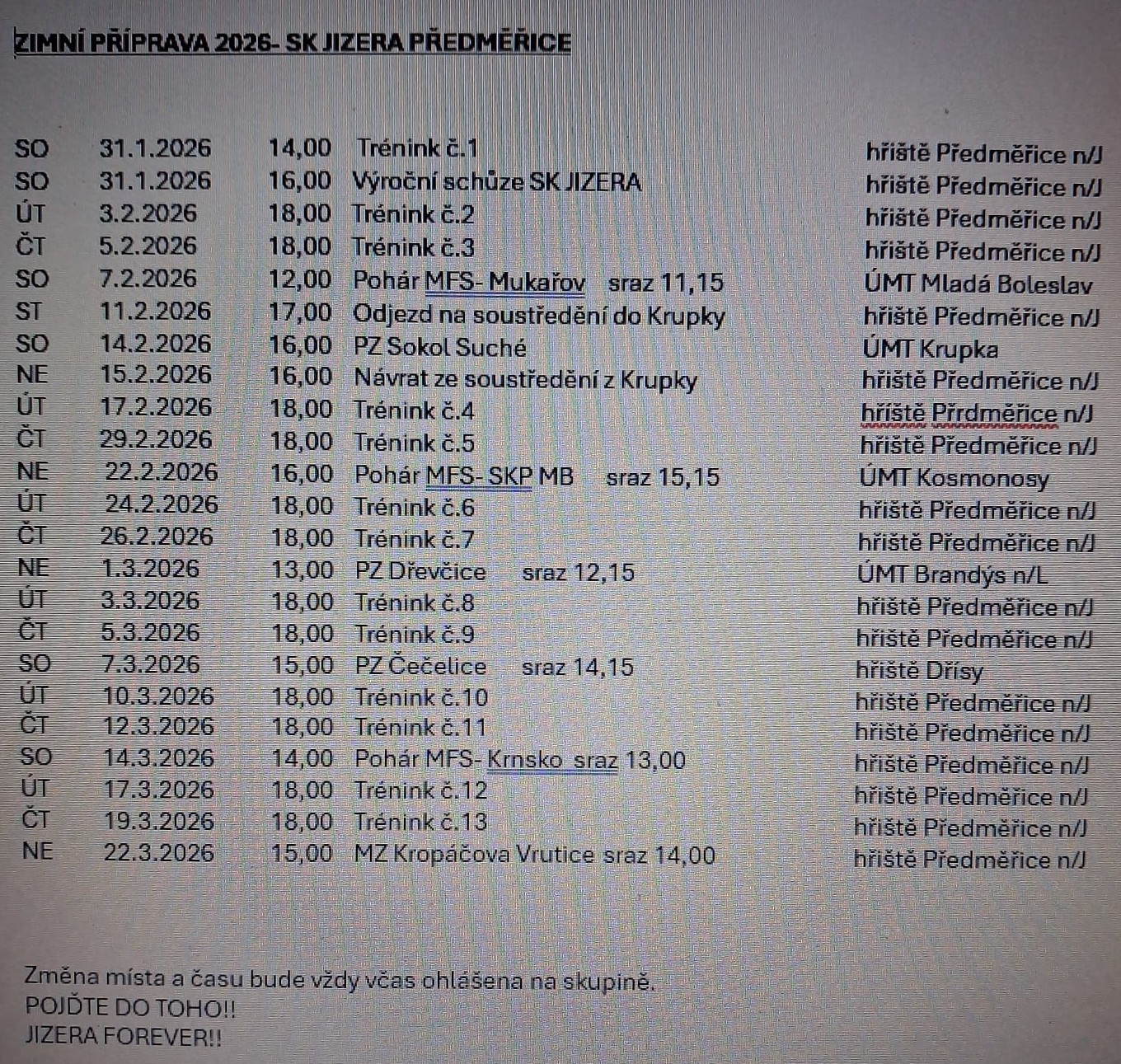 A-tým, plán přípravy jaro 2026
